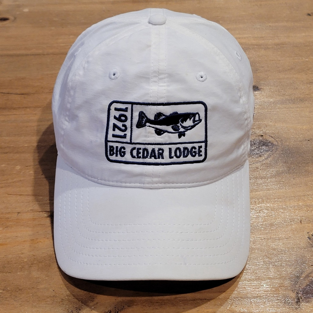 Big Cedar Lodge Fishing Hat Cap strap Back White 1921 Bass Fish Arkansas